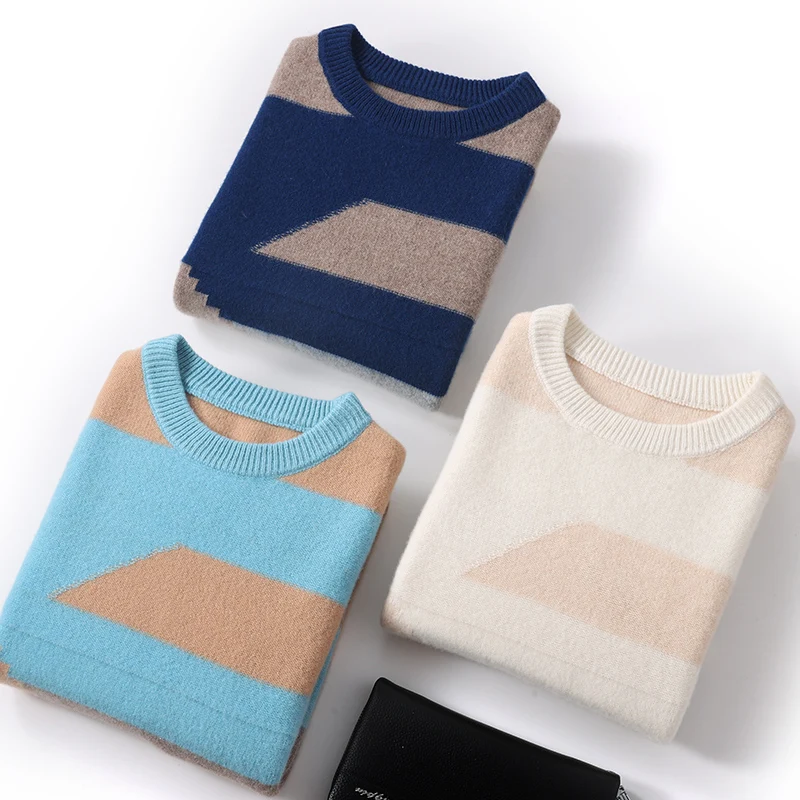 Autumn And Winter New Thick Color Matching 100% Pure Wool Men's Round Neck Sweater Loose Casual Cashmere Knit Bottoming Shirt