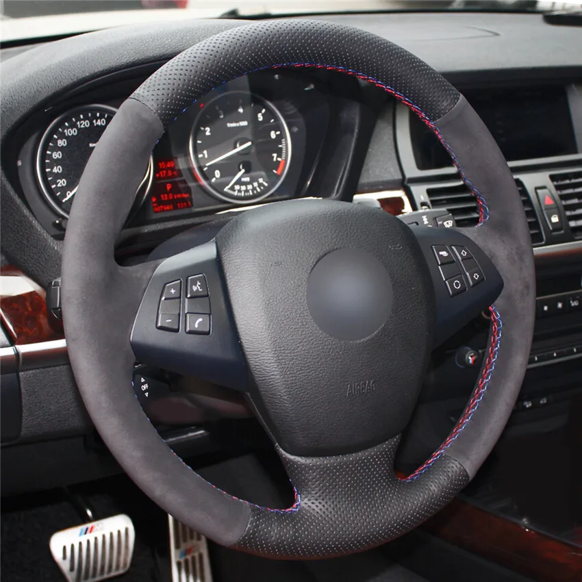 DIY Hand-Sewn Black Leather Suede Car Sewing Steering Wheel Cover for BMW X5 E70 Anti-Slip Car Interior Accessory