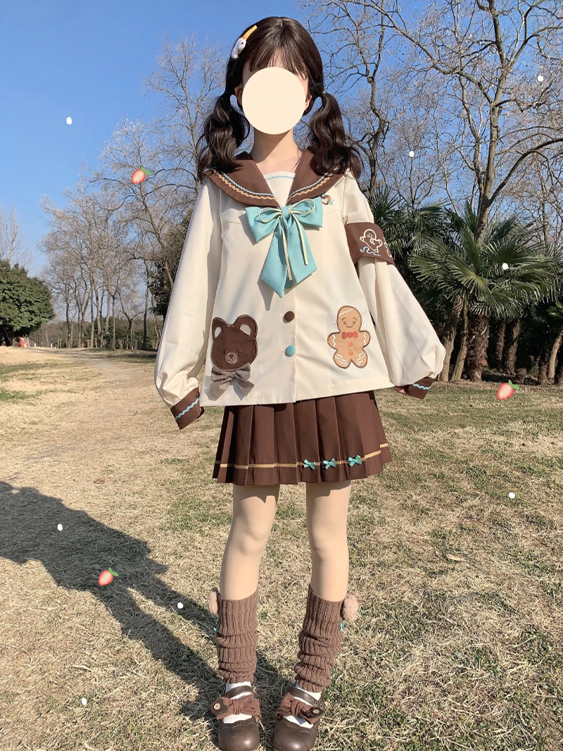 

Комплект униформы Kawaii JK с мультяшным принтом, милый матросский костюм в консервативном стиле, милая японская рубашка с короткими рукавами, плиссированная юбка, студенческие комплекты