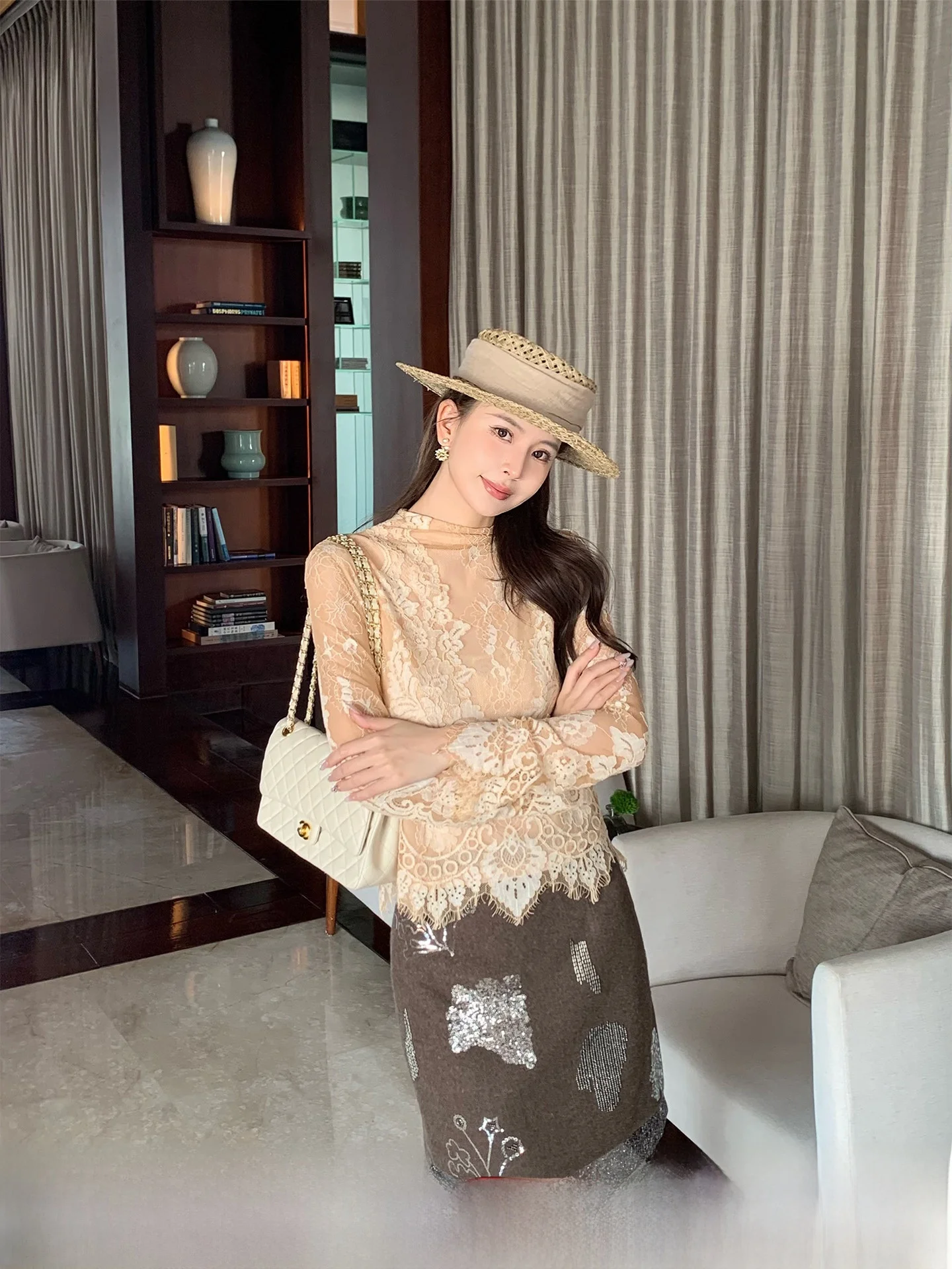 

Женская кружевная блузка Ele Long Sve абрикосового цвета из хлопка и нейлонового волокна, повседневная, весенняя новинка, приталенный топ