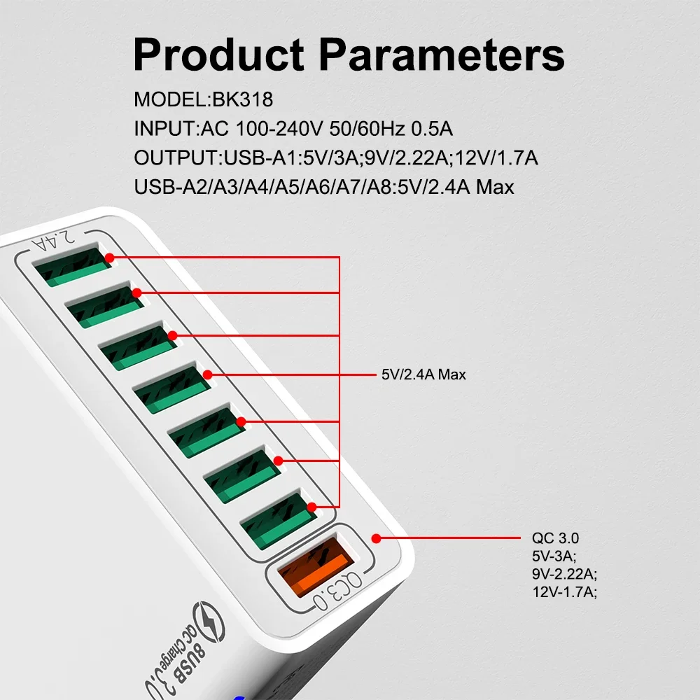 Ładowarka USB 8-portowa szybka ładowarka EU/US/KR Wtyczka ścienna QC 3.0 do telefonu Adapter do iPhone 15 14 Xiaomi Huawei Samsung