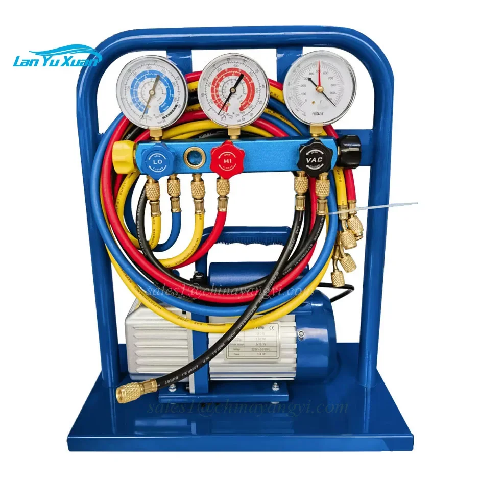 A/C Service Refrigerant Recovery Charging Station Set with Double Stage Vacuum Pump 2CFM 5 Valve Manifold Gauge Vacuu