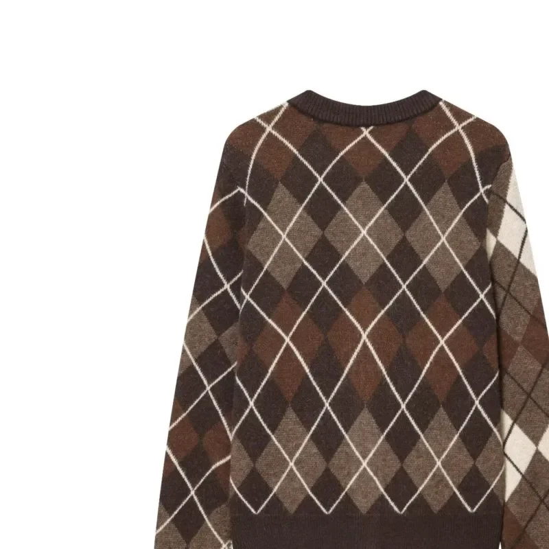 

Мягкий кардиган Argyle с пуговицами и круглым вырезом, длинным рукавом, осенний женский ребристый отделка, простой винтажный женский свитер, эластичные женские топы