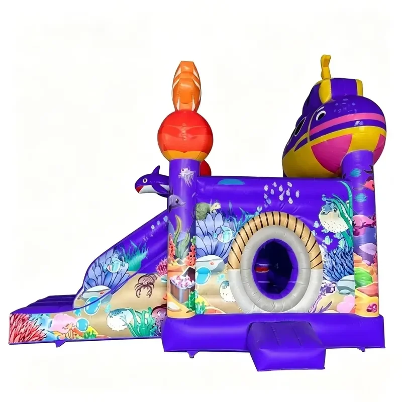 Underwater Pirate Themed Inflatable Bounce Slide Combo with Shark and Octopus Prints for Kids Adventure Parties