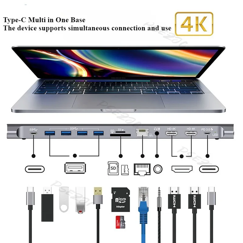 12 in 1/13  1 Type-C To Dockg Station USB 3.0 Extender Computer Hub Multi Port Splitter