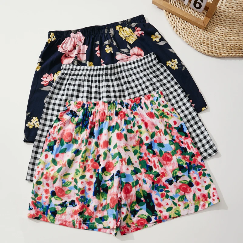 Women's Summer Shorts Floral Checkered 100% Viscose Loose Home Shorts Comfortable Soft Casual Shorts Elastic Waist