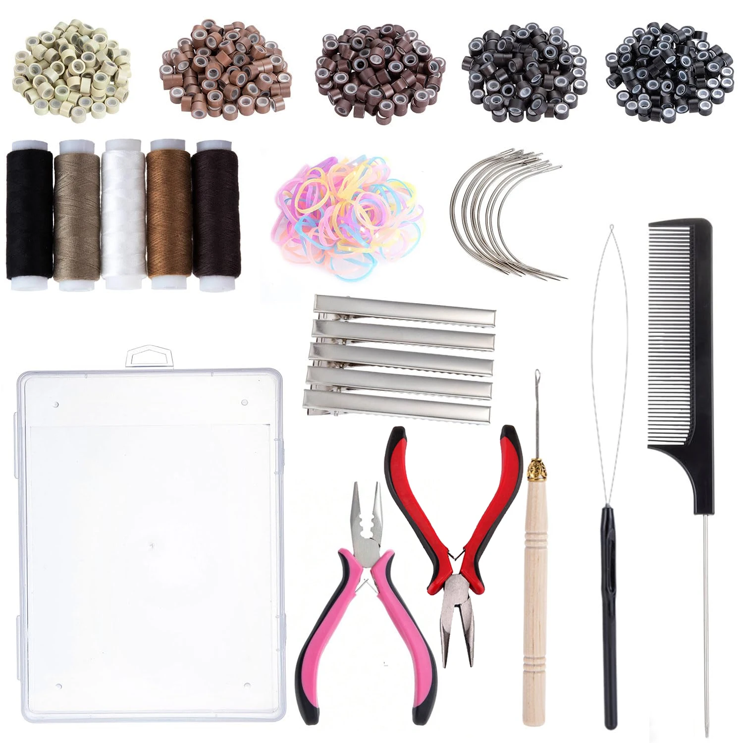 

Hair Extension Toolkit Collection, 500Silicone Lined Ring Beads, Plier&Threader&Crochet Hook&Curved Hair Needle& Hair Clips
