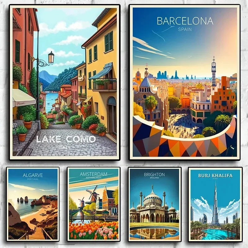 Lago Como Barcelona Retro vacaciones viajes ciudad lienzo pintura carteles impresos para habitación arte de la vida decoración de la pared del hogar imágenes de turismo