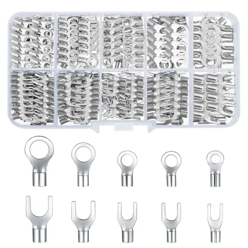 

320 Pieces Non-Insulated Ring Terminals & Fork Connector Kit, Copper Ring Fork U-Type Female Terminals, Wire Lugs Battery Cable