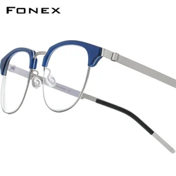 FONEX Acetate Alloy Glasses Frame Men New Brand Design Round Eyeglasses Women Ultralight Screwless Morten Japanese Eyewear 98627