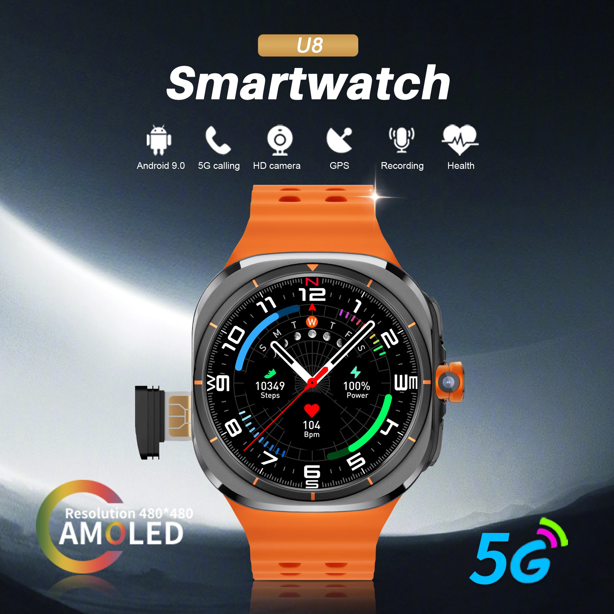 

Новые умные часы U8 Ultra 5G SIM для мужчин и женщин, Android 9,0, 1,6 дюйма, AMOLED, Wi-Fi, GPS, вращающаяся камера, спортивные умные часы Google Play 2025