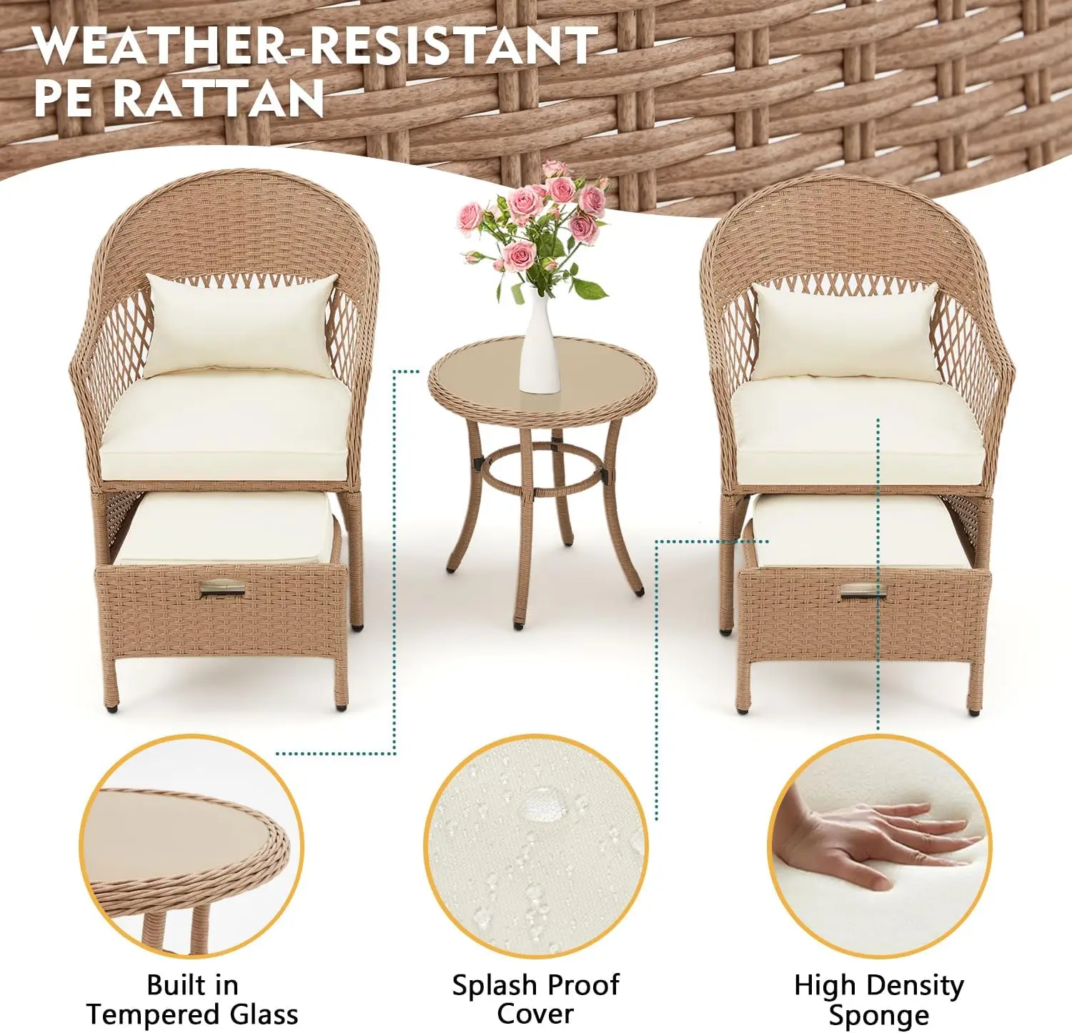 5Pcc Patio Set, Outdoor Rattan Chairs with Round Glass Coffee Table, Ottomans & Soft Cushions, Wicker Conversation Bistro Set