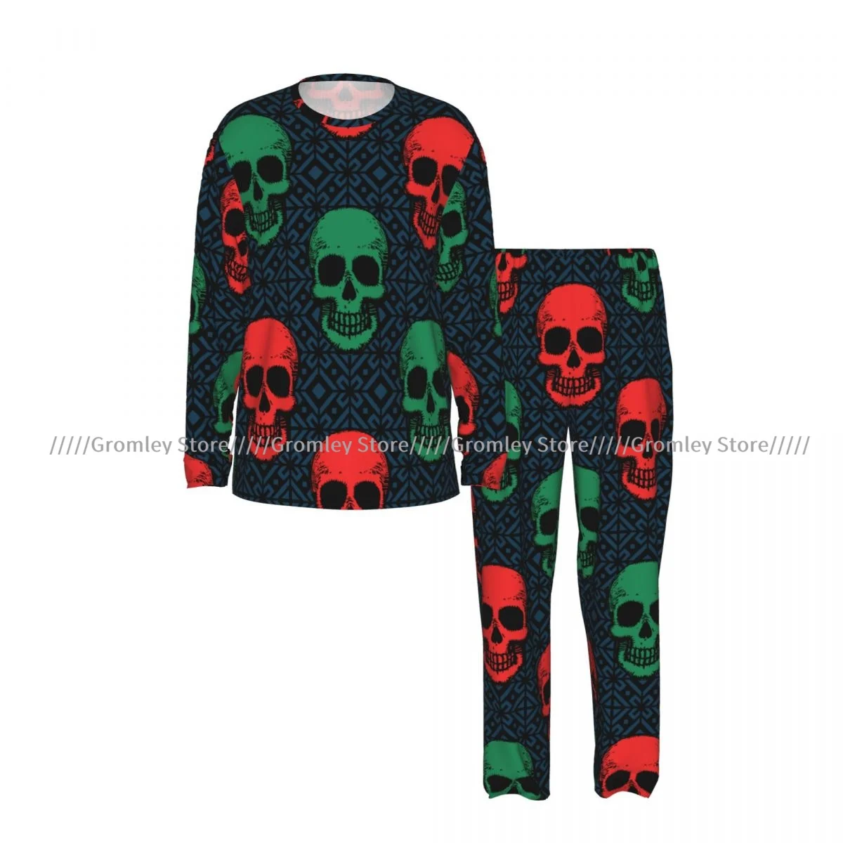 Colorful Skulls Illustration Men's Pajama Set Long Sleeve T-Shirt and Long Pants Sleepwear Male Nightwear Home Suit