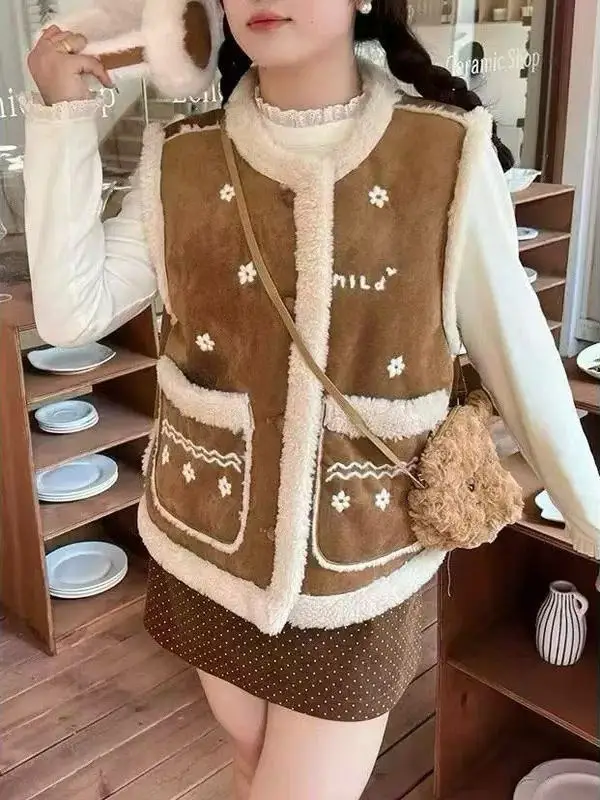 

Korean Sle Embroidered Floral Faux Fur Vest Women's Autumn Winter New Soft Fluffy oulder Pad Jaet Outerwear