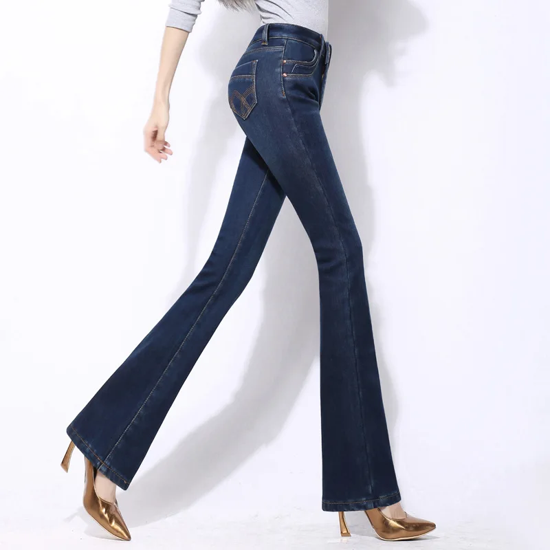 Winter Skinny Warm Women's Denim  Pants Big Size 26-34 Flare Jeans Plush Lined High Waist Vaqueros Thicken Vintage Bell-bottoms