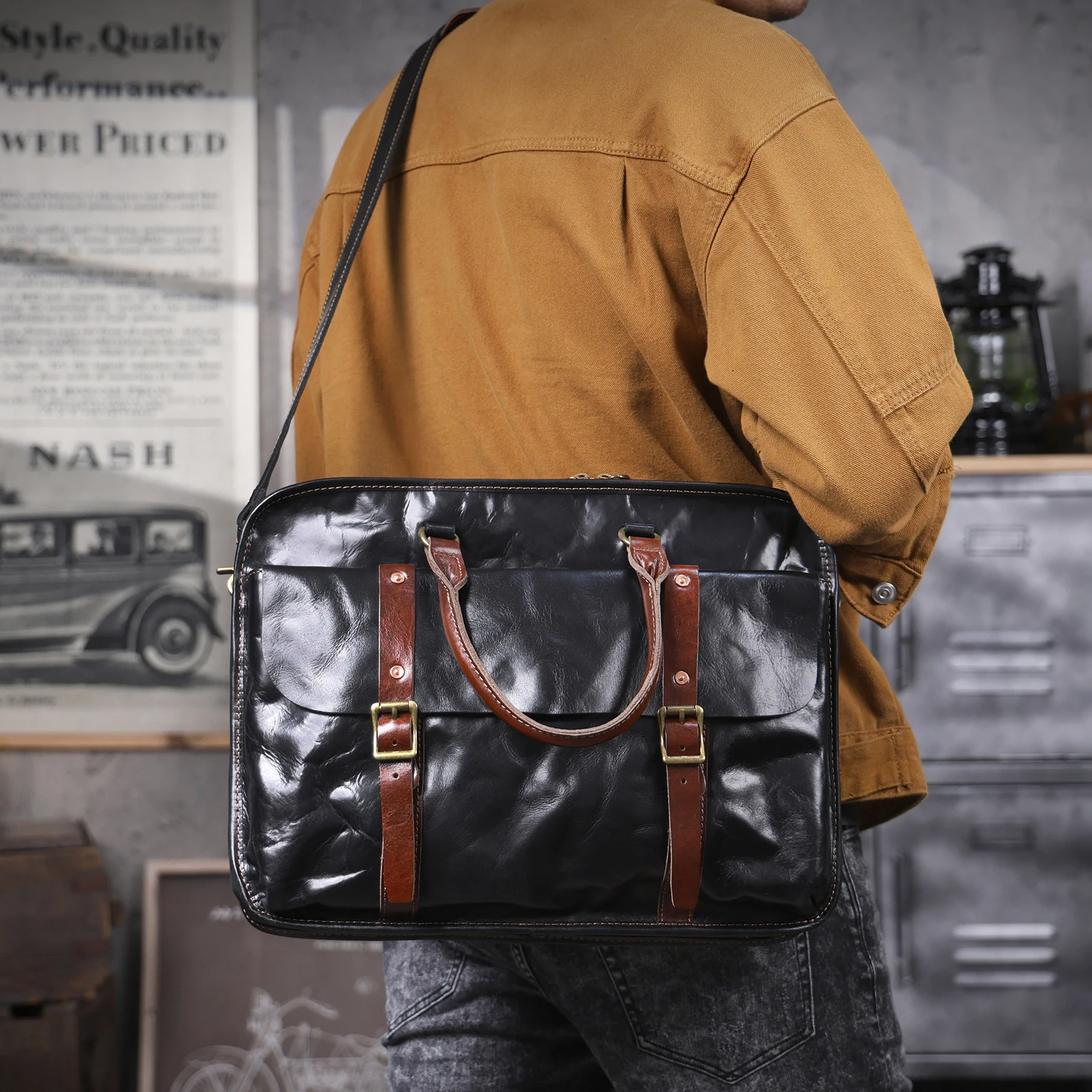 Echtleder Herren-Aktentasche 15 Zoll Laptop-Tasche Einfache Rindsleder-Umhängetasche Pflanzlich gegerbtes Leder Business-Casual-Stil – Detail 3