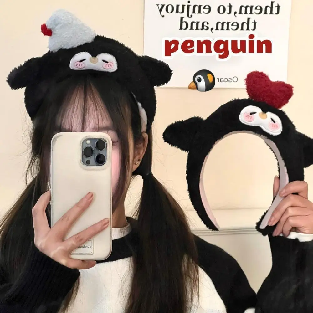 

YHJ Kawaii Black Penguin Plush Headband Cute Cartoon Plush Doll Hairband Face Washing Makeup Hair Hoop Headwear for Woman Girl