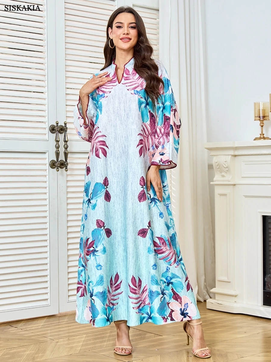 Siskakia Fashion Muslim Elegant Floral Print Abaya Dubai Moroccan Women Clothes 2025