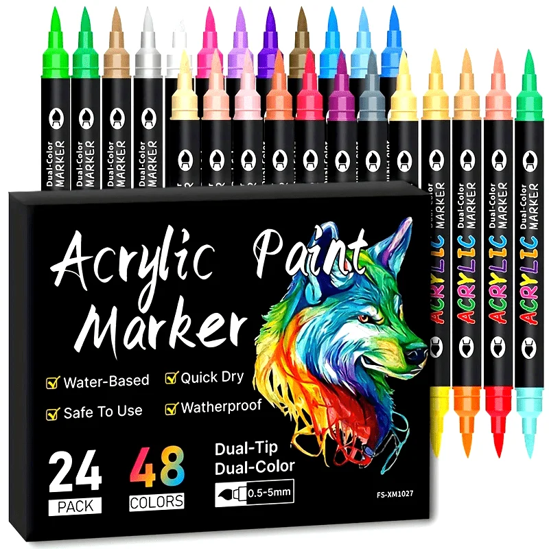 Dual-Tip acrylverfstiftset, 24 stuks, 48 levendige kleuren voor studenten - veelzijdig op kunststof, hout, kunstleer, keramiek