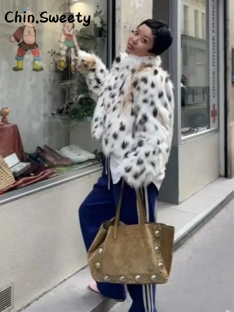 

Street Women's Printed Faux Fur Coats Loose Stand Collar Long Sleelve Furry Coat 2025 Autumn Lady Warm Thicken Commute Outwears
