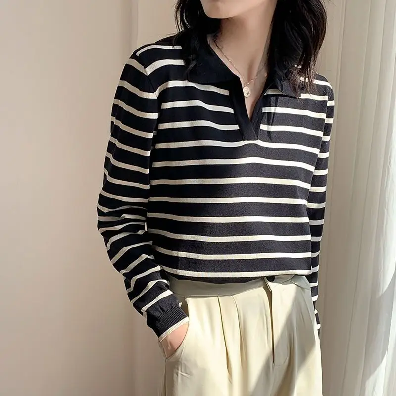 Women Clothing Fashion V-neck Long Sleeve Knit Pullovers Autumn Casual All-match Striped Top Office Lady Elegant Chic Sweaters