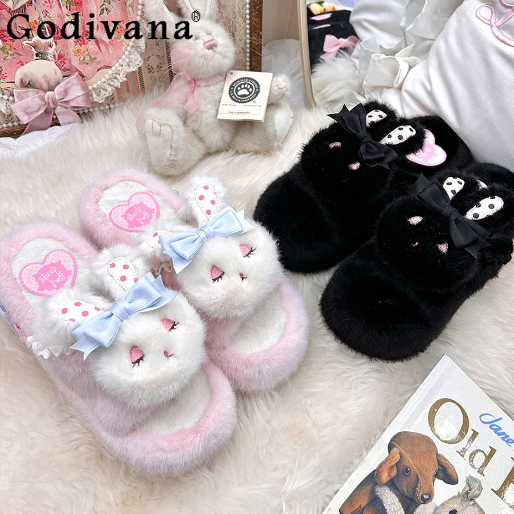 

Sweet Cute Rabbit Fur Platform Slippers Lolita Plush Slippers Casual Winter Home Cotton Shoes Elegant Princess Women Shoes