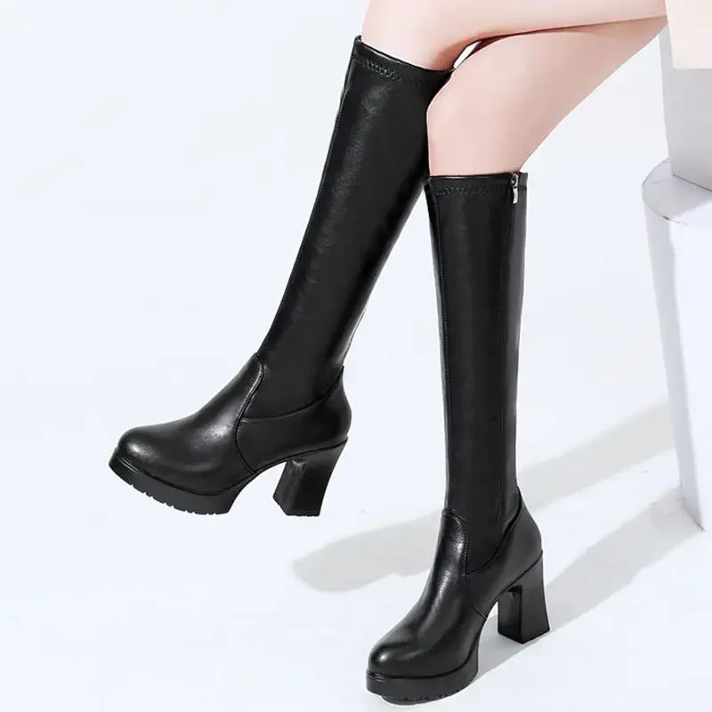 Leather Black Women's Long Boots Very High Heel Ladies Knee Shaft Shoes Footwear on Promotion Designer Luxury Hot Offer Sale Pu