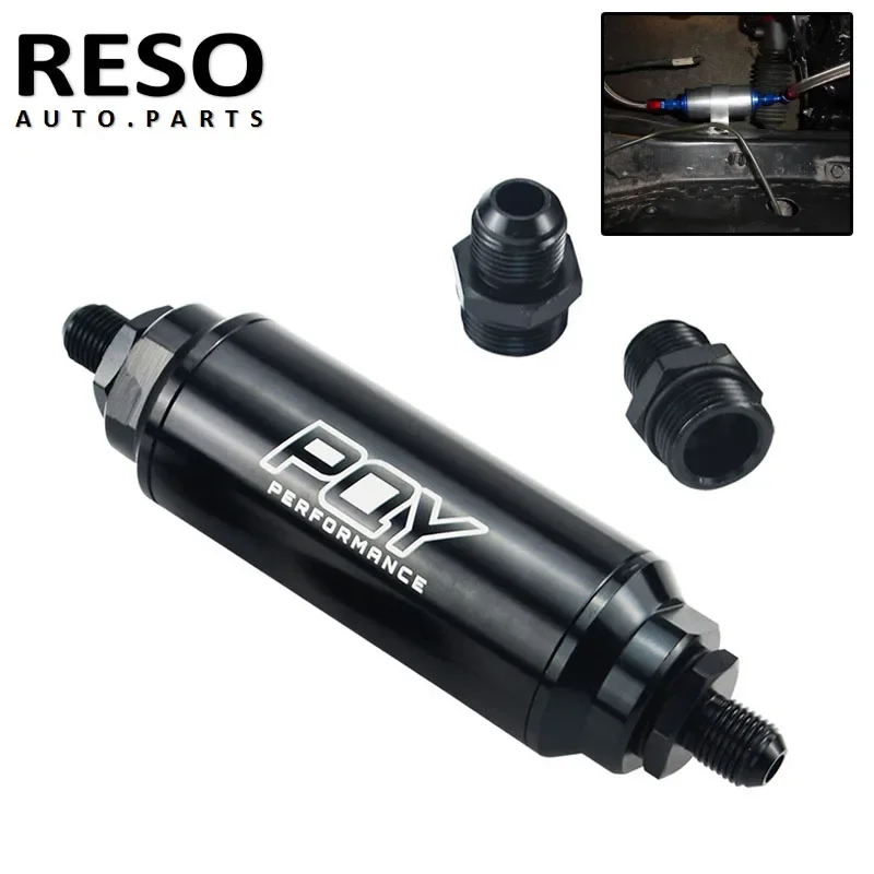 

RESO 44mm Fuel Filter High Flow with 2Pcs AN6 AN8 Adaptor Fittings with 60 micron Steel Element Aluminum Black