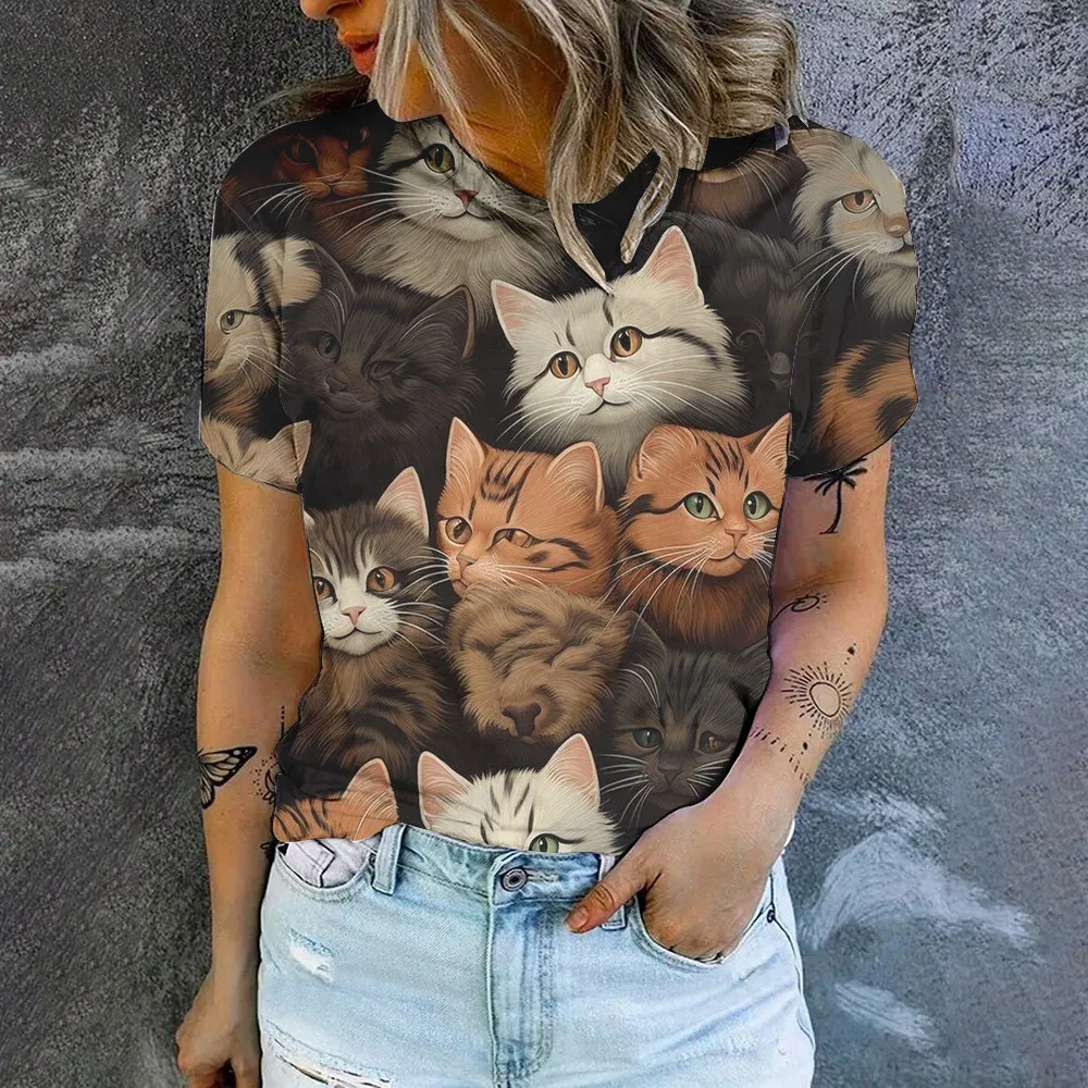 Cartoon Cat Print High Quality Crewneck T-shirt Summer Casual Breathable Loose T-shirt Street Fashion Simple Women\'s T-shirt Top