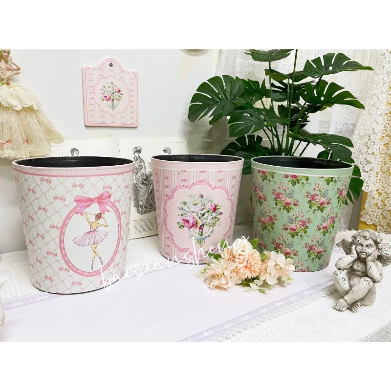 BBY's new European bucket, floral knots, hand-painted worn roses, household uncovered American pastoral trash can