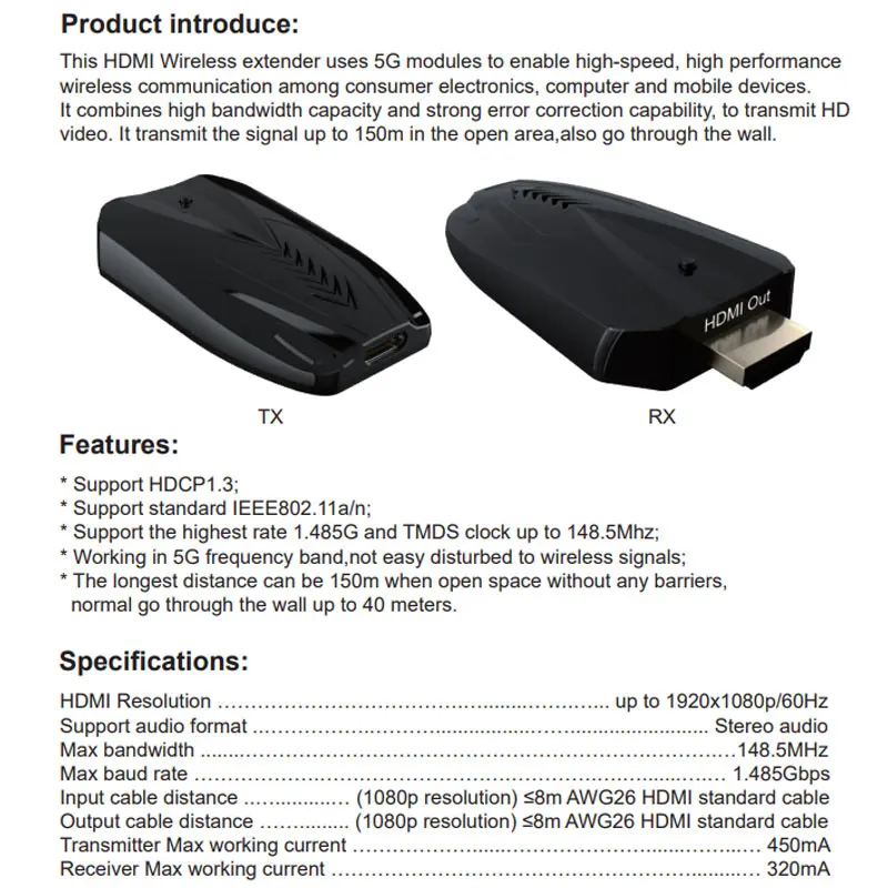 무선 HDMI 익스텐더 비디오 송신기 리시버, PS4 카메라 노트북 PC와 TV 프로젝터용, 1 대 1 듀얼 디스플레이 스위치, 150m