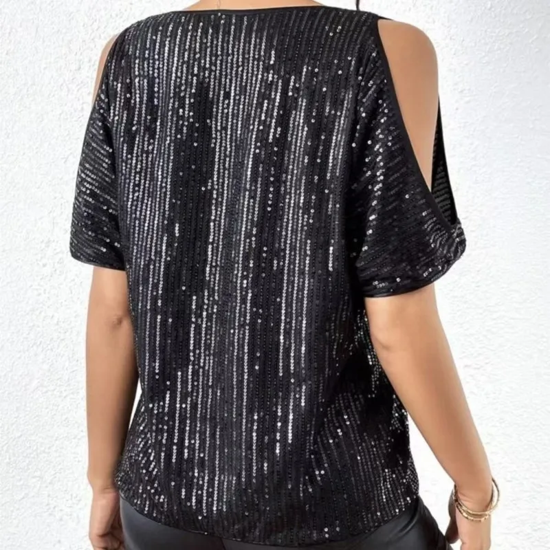 

Women's New Sexy Off-shoulder O-neck Short-sleeved Solid Color Glitter Sequin T-shirt Tops For Women Casual Fashion Ropa Mujer