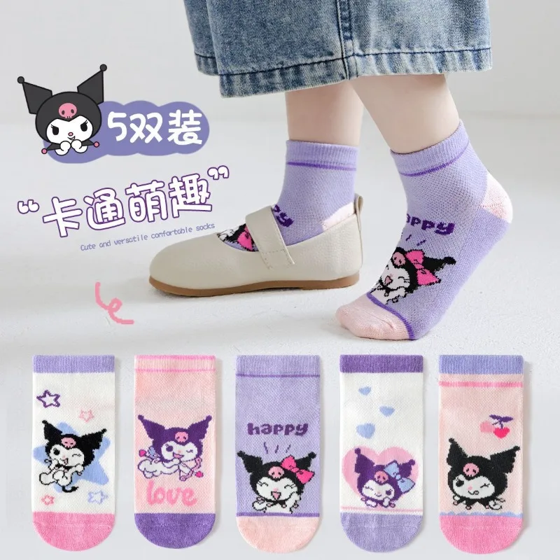 5 Pairs Sanrio Kuromi Kids Socks Mesh Breathable Ice Thin Socks Summer Kawaii Cartoon Childrens Mid-calf Cotton Sock for Girls
