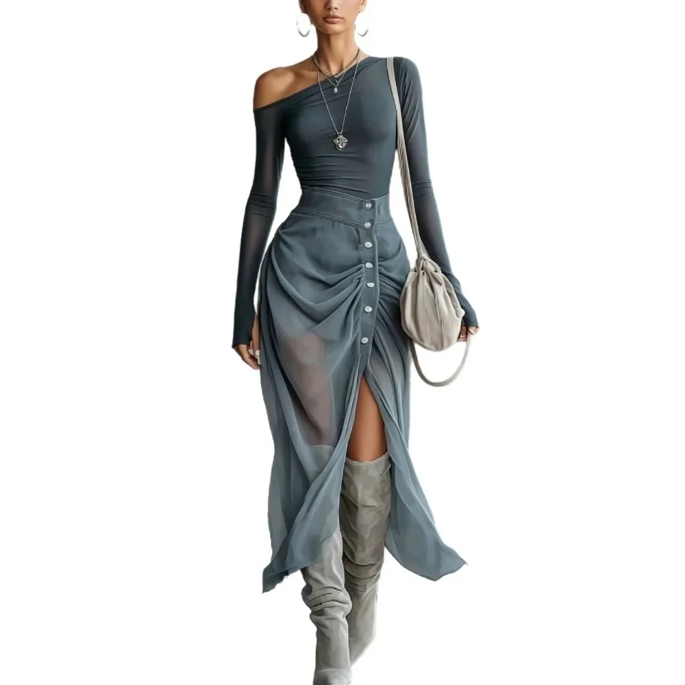 Elegant Women Off Shoulder Mesh Long Sleeve Top High Waist Pleated Split Dress Set