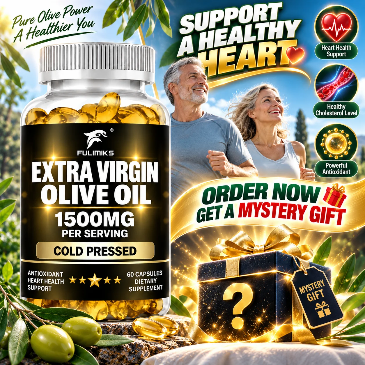 Extra Virgin Olive Oil Supplement, 1500mg, Antioxidant, Maintain Heart & Cardiovascular Health, Immune Support, for Men & Women