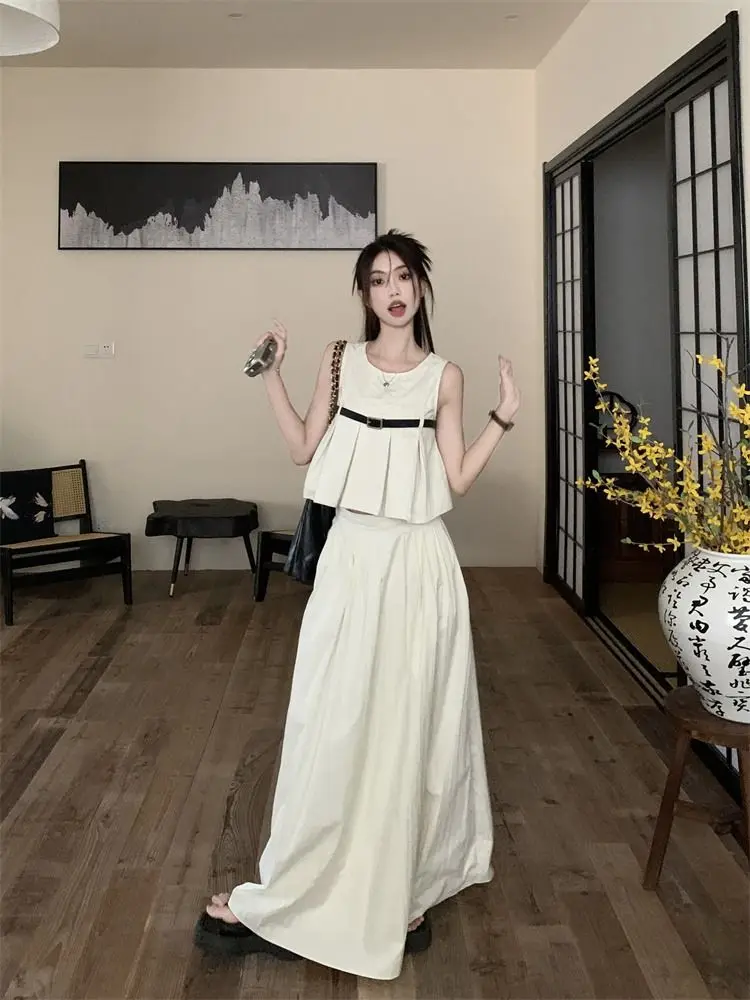 

2 Piece Sets Womens Outfits New Summer Fashionable Advanced Niche Compressed Pleated Sleeveless Vest + High Waist A-line Skirt