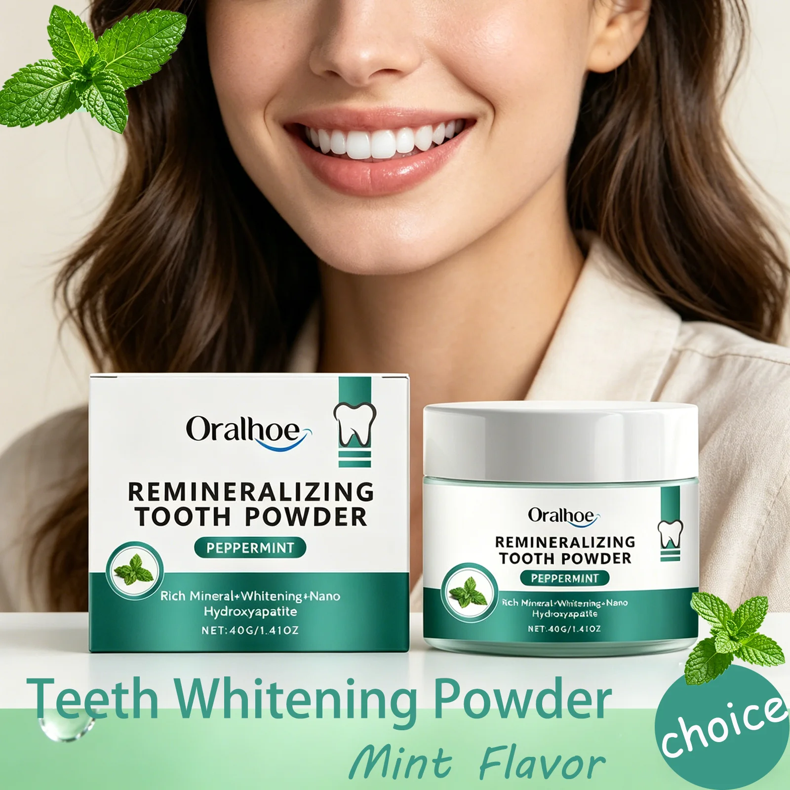 Oralhoe 40g Mint Flavor Teeth Whitening Powder Remove Yellow Teeth Stains Freshen Breath Deep Clean Dental Bleaching Powder