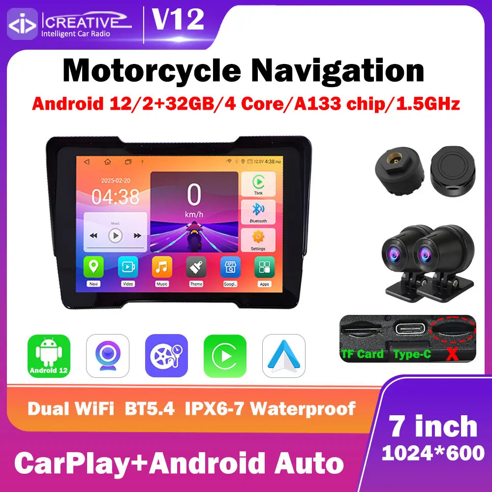 Icreative 7inch Motorcycle 1080P Front Rear Cameras Dashboard 2+32GB GPS Navigation Screen Wireless CarPlay Auto Moto Android 12
