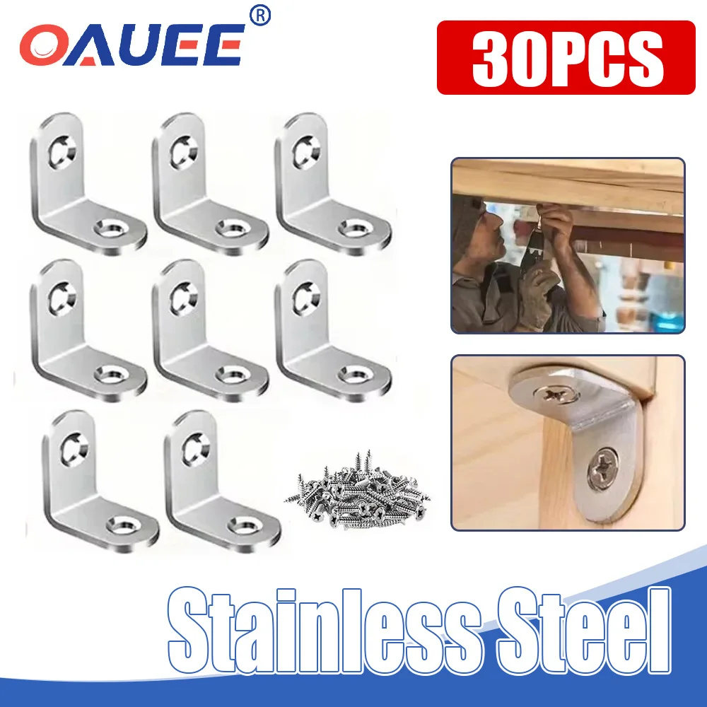 30pcs Stainless Steel Corner Code 90° L-Shaped Bracket Fixing Parts Right Angle Furniture Hardware Accessories Connecting Parts