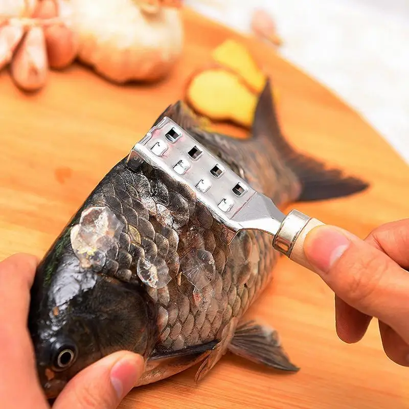 

Fish Descaler Tool Stainless Steel Fish Scale Scraper Metal Scraper Kitchen Cleaning Tool With Wooden Handle For Camping Cooking