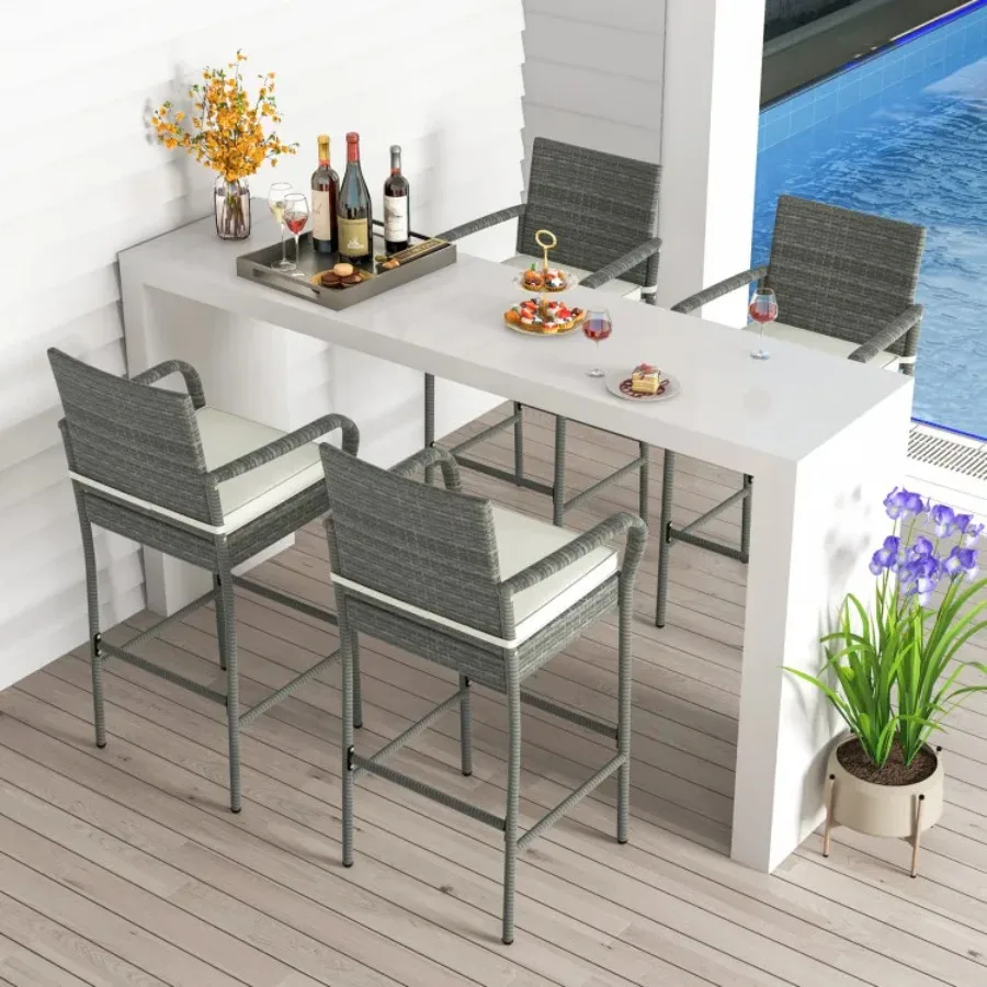 

All Weather PE Rattan Bar Chairs Set of 4 with Armrests and Seat Cushions for Porch Backyard