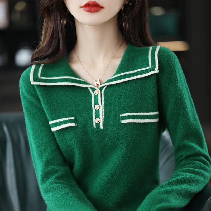 Pure Wool Knit Sweater Women\'s 2022 Spring Autumn New Chic Navy Collar Loose Knitted Pullover Fashionable Bottoming Ladies Top