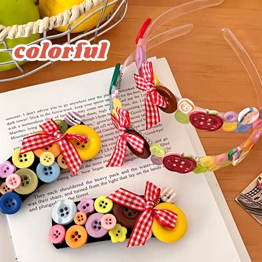 Fascia per capelli con bottoni colorati dopamina Y2k Copricapo Fascia per capelli per l'infanzia Lavaggio del viso Fermaglio per capelli con fiocco in stile coreano