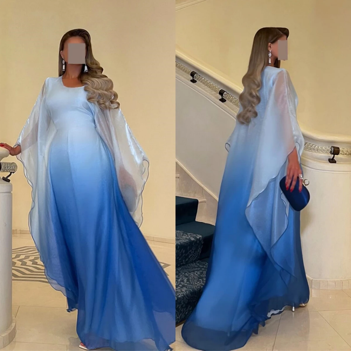 Personalizado requintado azul chiffon vestido de noite temperamento vestido de baile o pescoço mangas compridas ruched capela trem vestido de festa