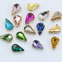 30p 5x8mm teardrop color pointback glass stone sew on crystal rhinestone gold setting Jewelry craft Bag,shoes,Dress making beads