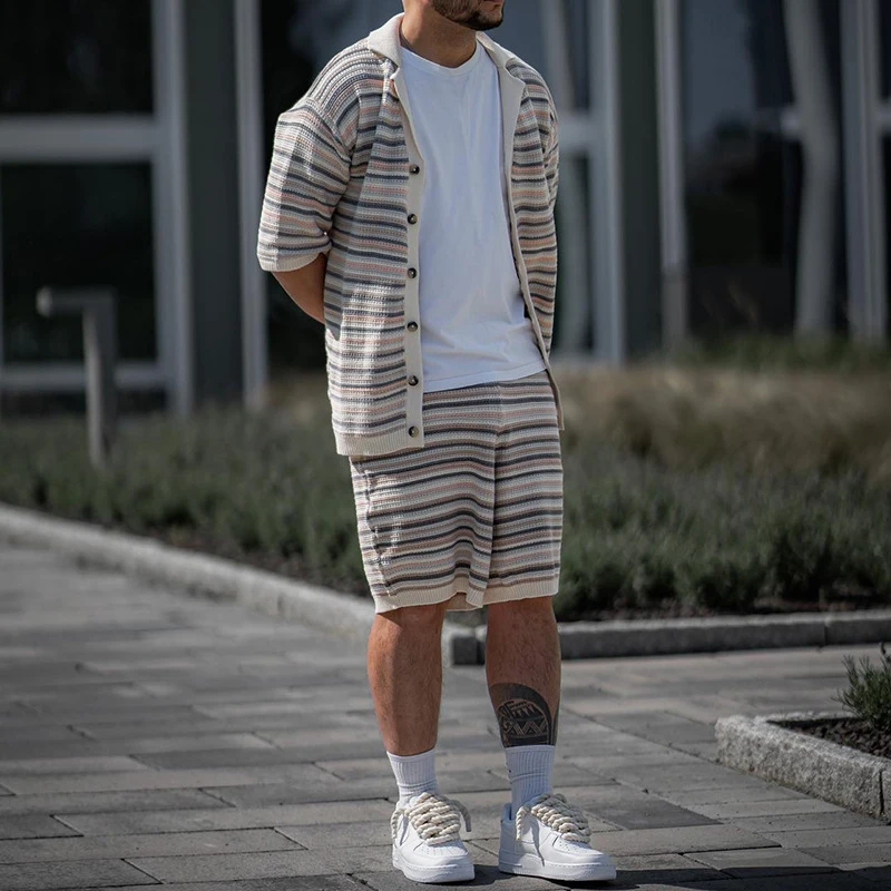 Fashion Mens Outfits Knitted Stripe Crochet Classic Two Piece Set Knit Short Sleeve Lapel Shirt and Shorts Men Suits Streetwear