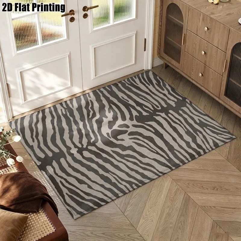 Large Indoor Area Rug, Soft Velvet Low Pile Machine Washable Neutral Zebra Striped Rug for Living Room, Bedroom, Modern Home Floor Decor