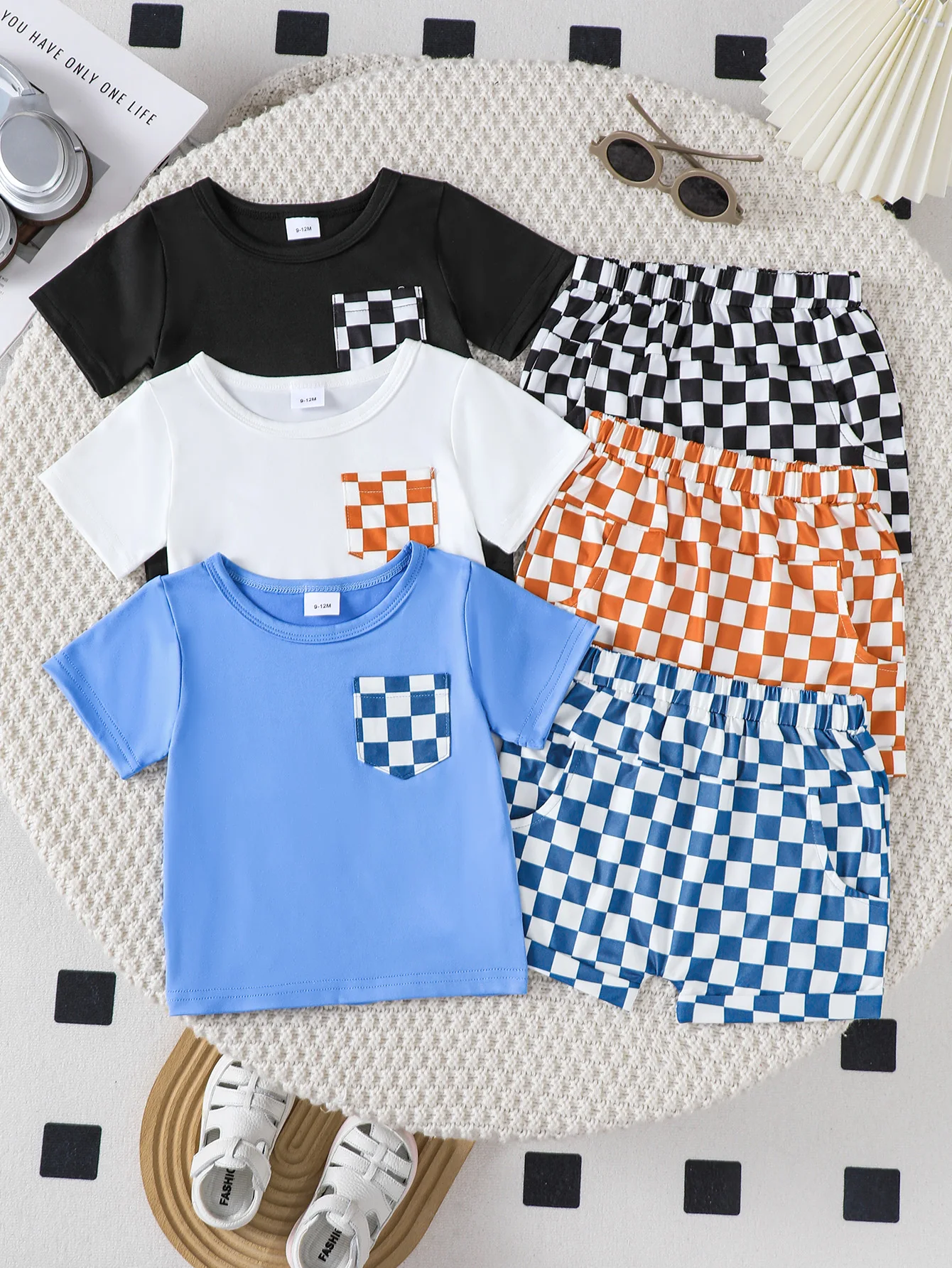 

6pcs baby boy checkerboard round neck short sleeved T-shirt top with pocket and elastic waist shorts casual set