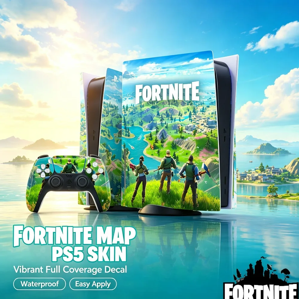 Vinilo Adhesivo para PS5 de Fortnite: Mapa del Mundo de Bright Island, Set Completo para Consola y Controles, Vibrante e Impermeable