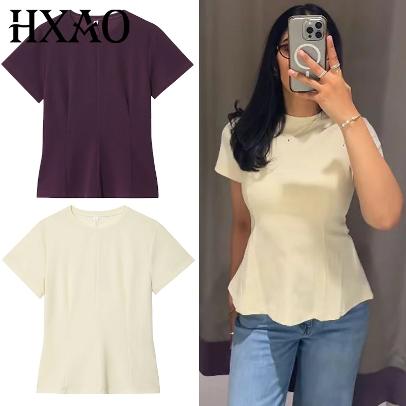 HXAO Women's T-Shirt Yellow Purple Top Women Summer 2025 Casual Tops Short-Sleeved O-Neck Slim Fit T-Shirt Tunic Streetwear Top